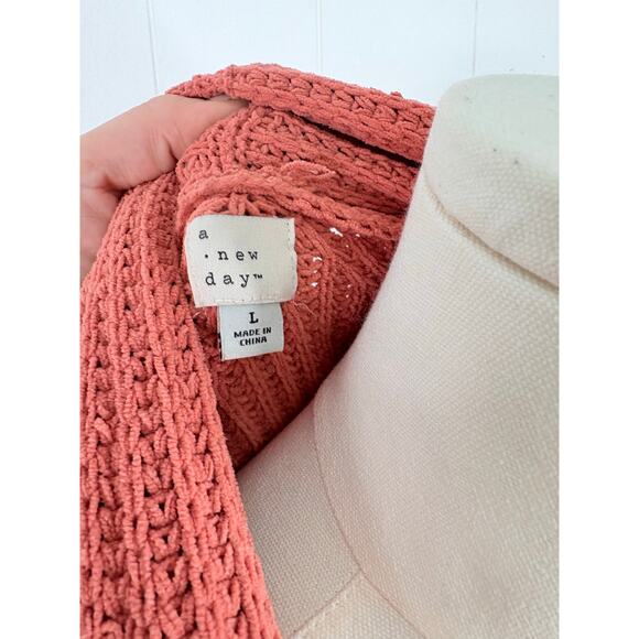 A New Day Chenille Chunky Knit Cardigan Sweater Large Pink Coral Open Front - Picture 9 of 9